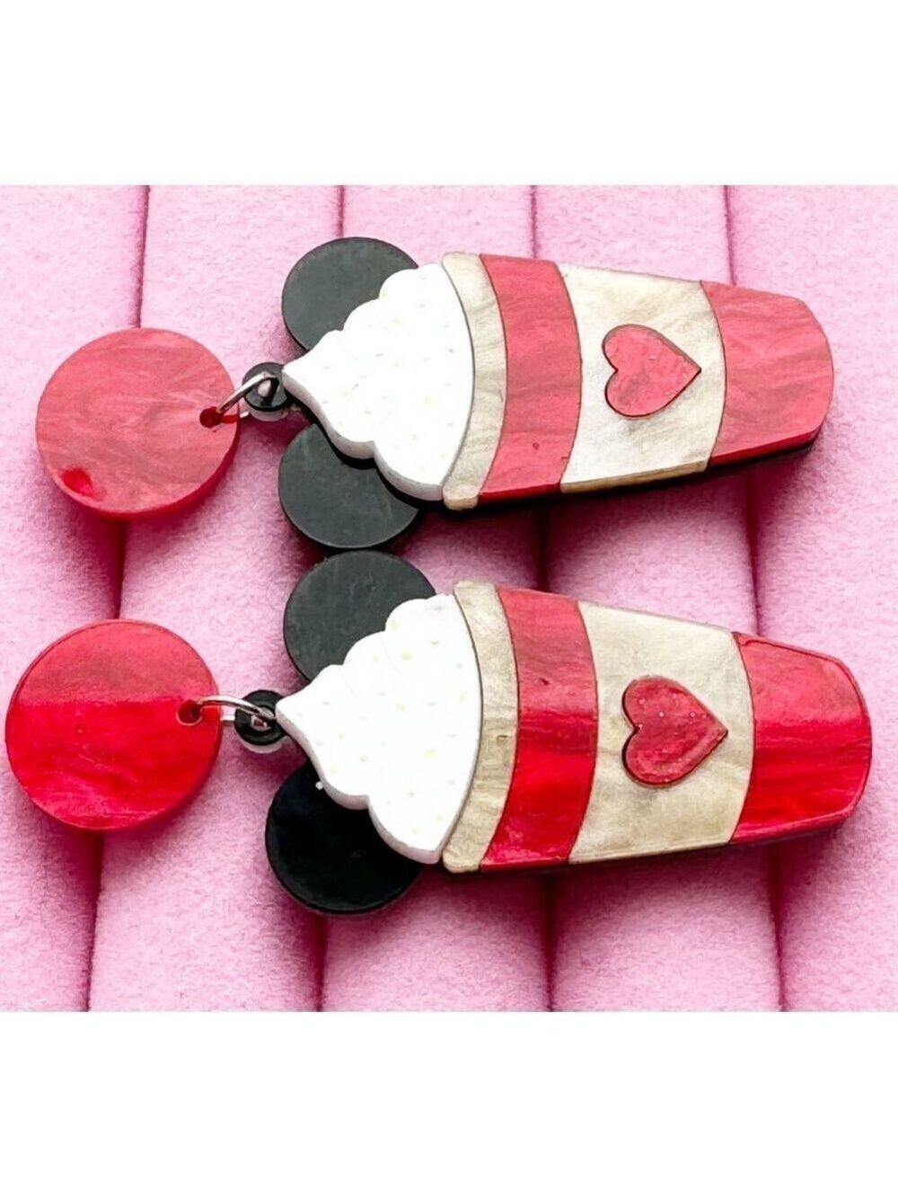 Mouse Ears Coffee Valentine's Day Acrylic Earrings with Backing - Picture 4 of 4